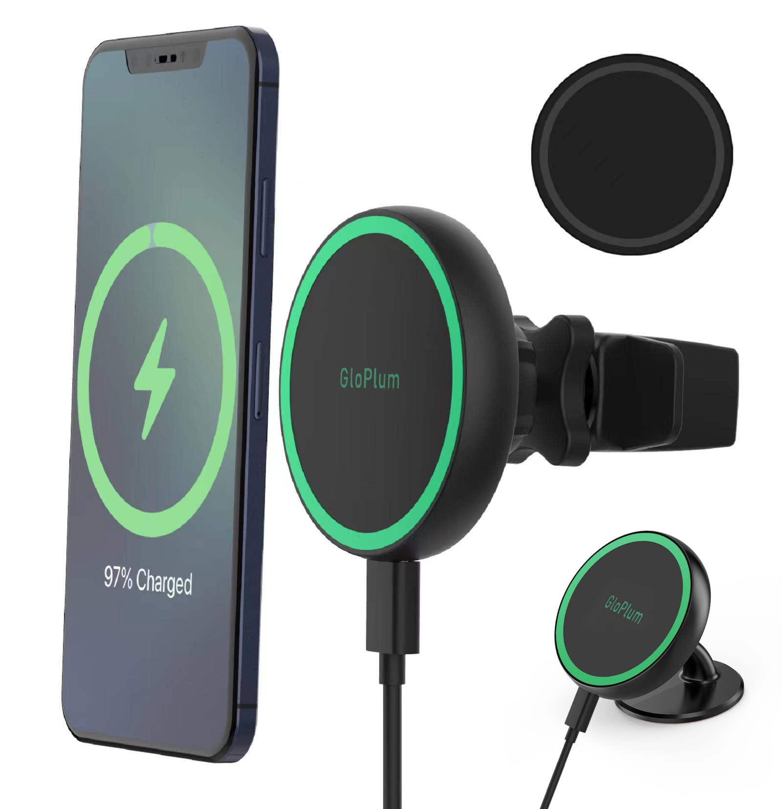 GloPlum magnetic wireless car charger mount with phone